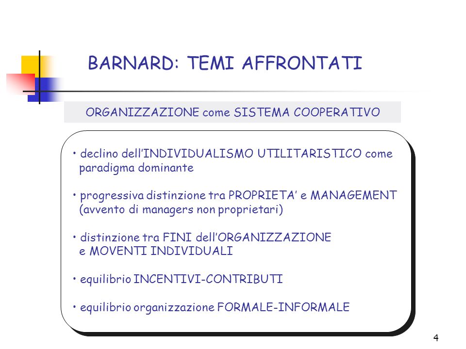 4 BARNARD: TEMI AFFRONTATI declino dellINDIVIDUALISMO UTILITARISTICO come paradigma dominante progressiva distinzione tra PROPRIETA e MANAGEMENT (avvento di managers non proprietari) distinzione tra FINI dellORGANIZZAZIONE e MOVENTI INDIVIDUALI equilibrio INCENTIVI-CONTRIBUTI equilibrio organizzazione FORMALE-INFORMALE ORGANIZZAZIONE come SISTEMA COOPERATIVO