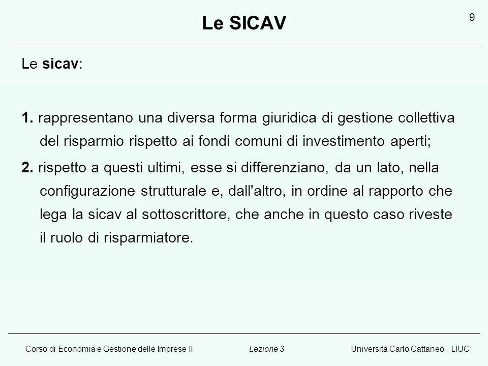 Corso di Economia e Gestione delle Imprese IIUniversità Carlo Cattaneo - LIUCLezione 3 9 Le SICAV Le sicav: 1.