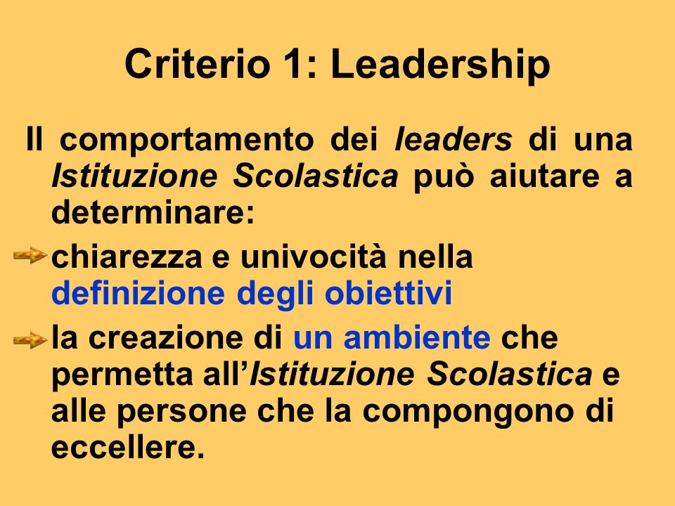 Criterio 1: Leadership Il comportamento dei leaders di una Istituzione Scolastica può aiutare a determinare: chiarezza e univocità nella definizione degli obiettivi la creazione di un ambiente che permetta allIstituzione Scolastica e alle persone che la compongono di eccellere.