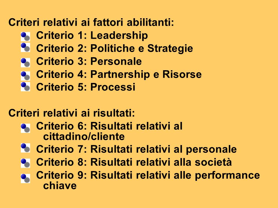 Criteri relativi ai fattori abilitanti: Criterio 1: Leadership Criterio 2: Politiche e Strategie Criterio 3: Personale Criterio 4: Partnership e Risorse Criterio 5: Processi Criteri relativi ai risultati: Criterio 6: Risultati relativi al cittadino/cliente Criterio 7: Risultati relativi al personale Criterio 8: Risultati relativi alla società Criterio 9: Risultati relativi alle performance chiave