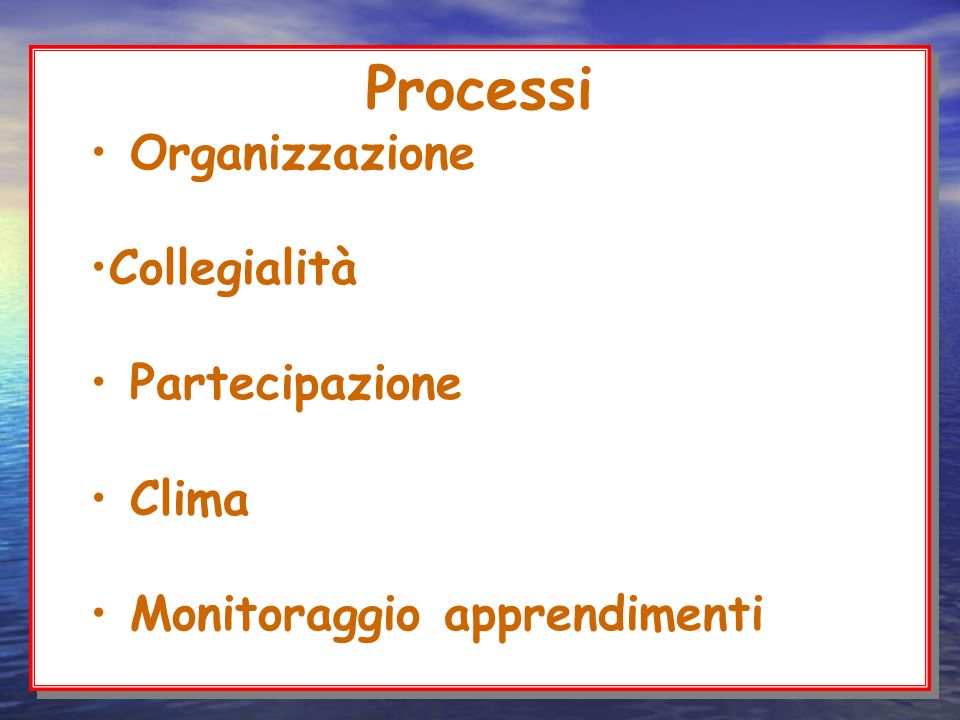 Processi Organizzazione Collegialità Partecipazione Clima Monitoraggio apprendimenti Processi Organizzazione Collegialità Partecipazione Clima Monitoraggio apprendimenti