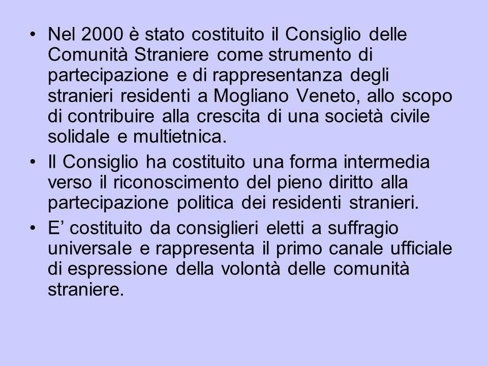 Nel 2000 è stato costituito il Consiglio delle Comunità Straniere come strumento di partecipazione e di rappresentanza degli stranieri residenti a Mogliano Veneto, allo scopo di contribuire alla crescita di una società civile solidale e multietnica.