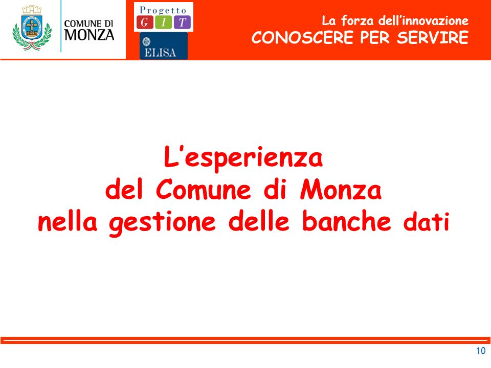 10 La forza dellinnovazione CONOSCERE PER SERVIRE Lesperienza del Comune di Monza nella gestione delle banche dati