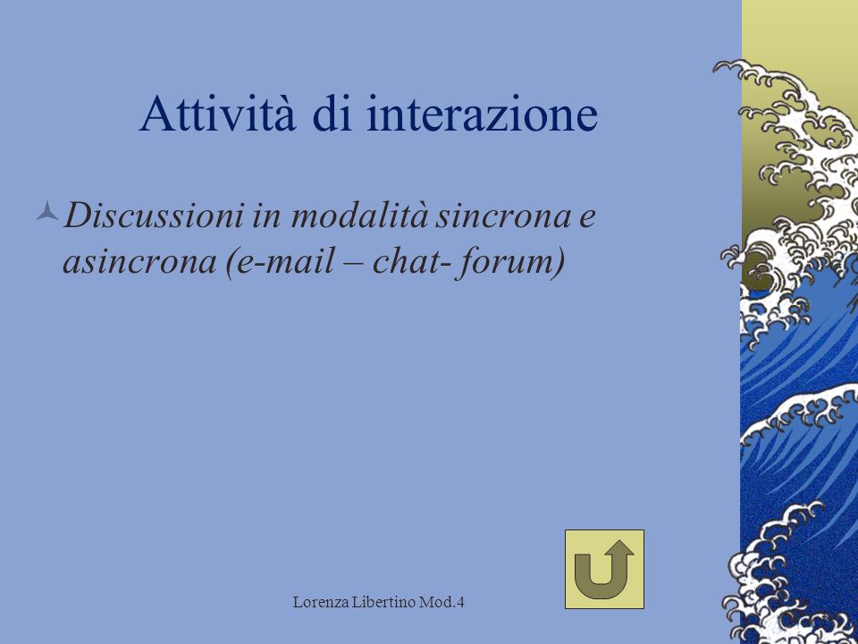Lorenza Libertino Mod.4 Attività di interazione Discussioni in modalità sincrona e asincrona ( – chat- forum)