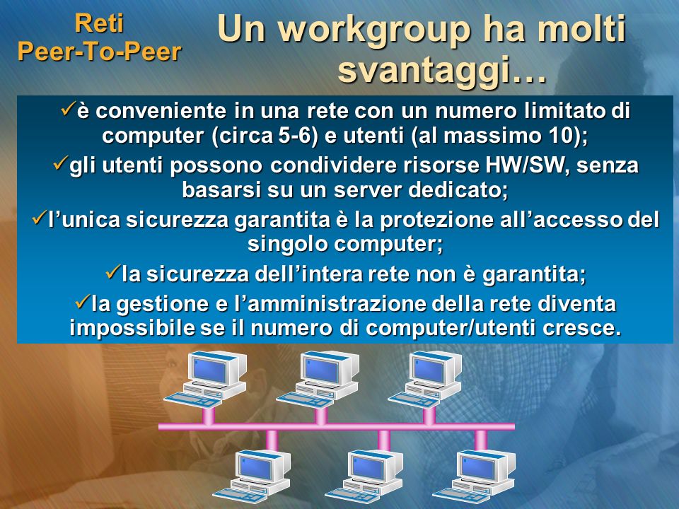 Reti Peer-To-Peer Un workgroup ha molti svantaggi… è conveniente in una rete con un numero limitato di computer (circa 5-6) e utenti (al massimo 10); è conveniente in una rete con un numero limitato di computer (circa 5-6) e utenti (al massimo 10); gli utenti possono condividere risorse HW/SW, senza basarsi su un server dedicato; gli utenti possono condividere risorse HW/SW, senza basarsi su un server dedicato; lunica sicurezza garantita è la protezione allaccesso del singolo computer; lunica sicurezza garantita è la protezione allaccesso del singolo computer; la sicurezza dellintera rete non è garantita; la sicurezza dellintera rete non è garantita; la gestione e lamministrazione della rete diventa impossibile se il numero di computer/utenti cresce.