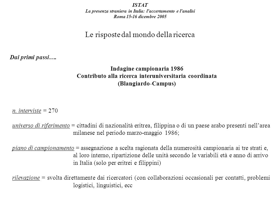 ISTAT La presenza straniera in Italia: laccertamento e lanalisi Roma dicembre 2005 Le risposte dal mondo della ricerca Dai primi passi….