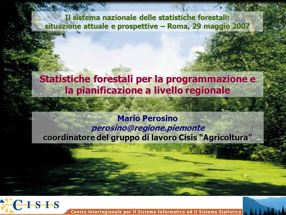 Statistiche forestali per la programmazione e la pianificazione a livello regionale Mario Perosino coordinatore del gruppo di lavoro Cisis Agricoltura Il sistema nazionale delle statistiche forestali: situazione attuale e prospettive – Roma, 29 maggio 2007