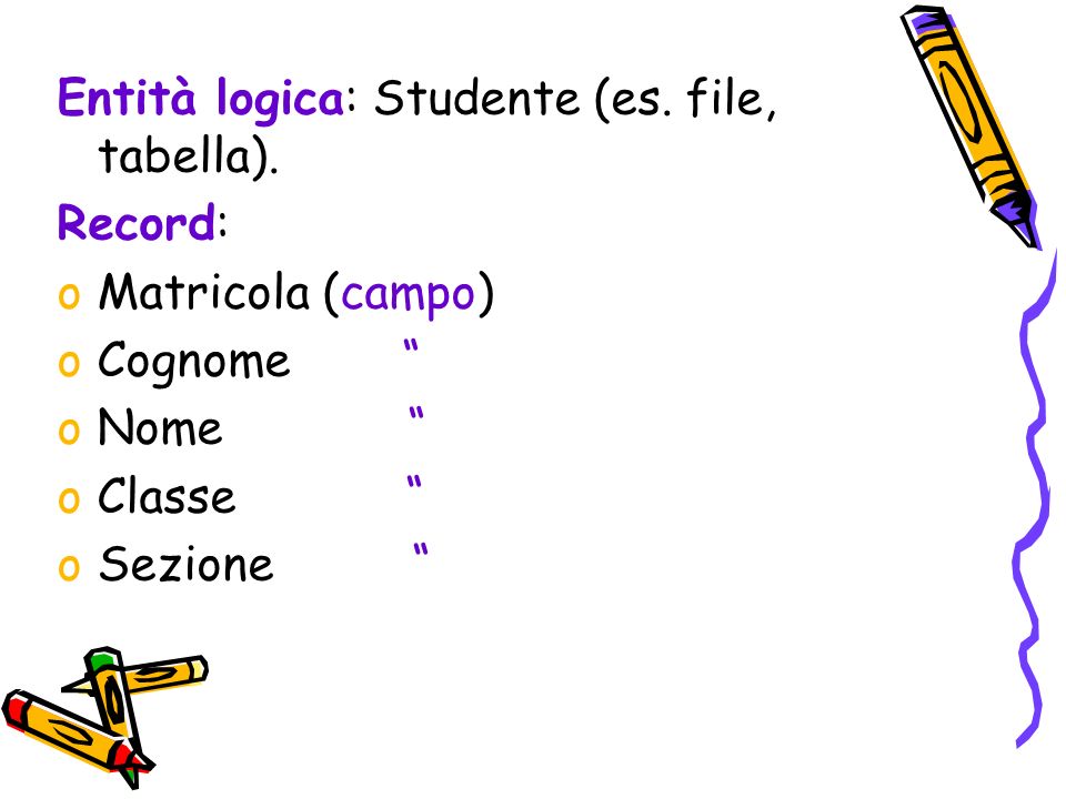 Entità logica: Studente (es. file, tabella).