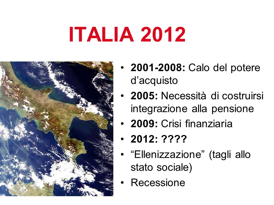 : Calo del potere dacquisto 2005: Necessità di costruirsi integrazione alla pensione 2009: Crisi finanziaria 2012: .
