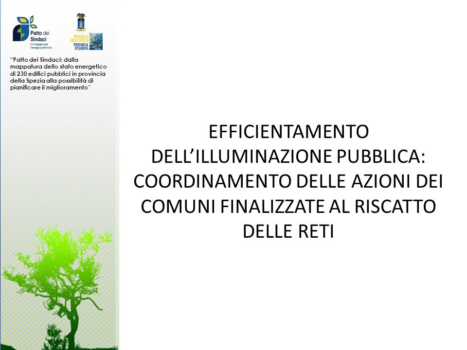 Patto dei Sindaci: dalla mappatura dello stato energetico di 230 edifici pubblici in provincia della Spezia alla possibilità di pianificare il miglioramento EFFICIENTAMENTO DELLILLUMINAZIONE PUBBLICA: COORDINAMENTO DELLE AZIONI DEI COMUNI FINALIZZATE AL RISCATTO DELLE RETI