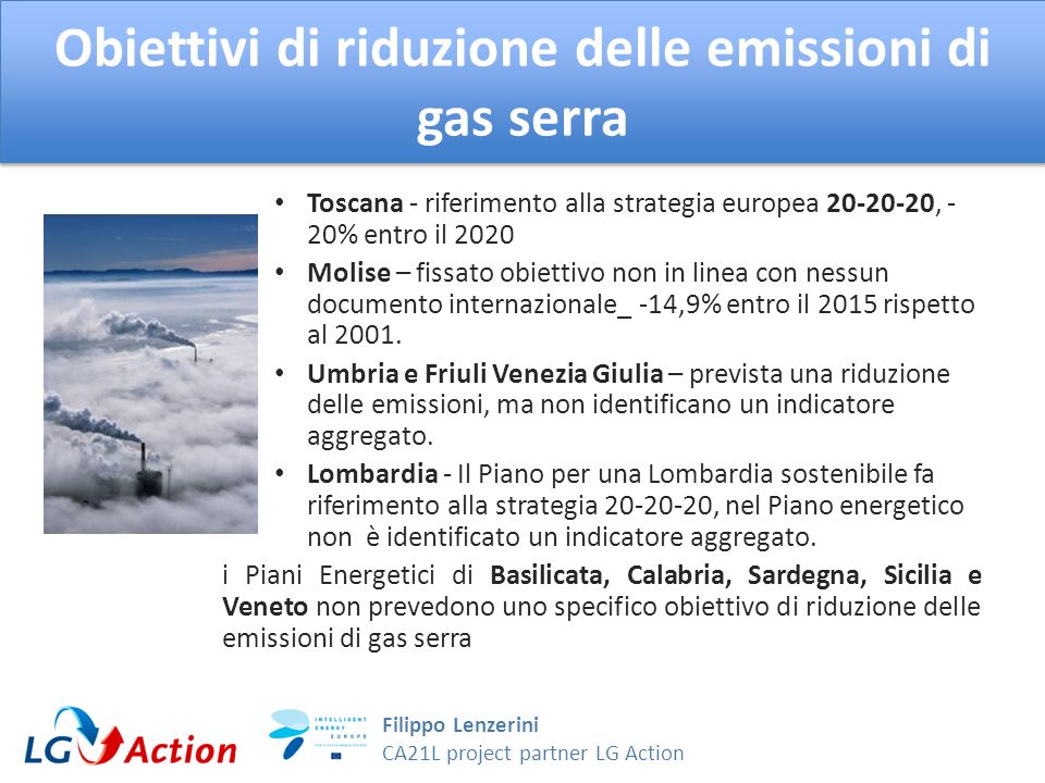 Filippo Lenzerini CA21L project partner LG Action Obiettivi di riduzione delle emissioni di gas serra Toscana - riferimento alla strategia europea , - 20% entro il 2020 Molise – fissato obiettivo non in linea con nessun documento internazionale_ -14,9% entro il 2015 rispetto al 2001.