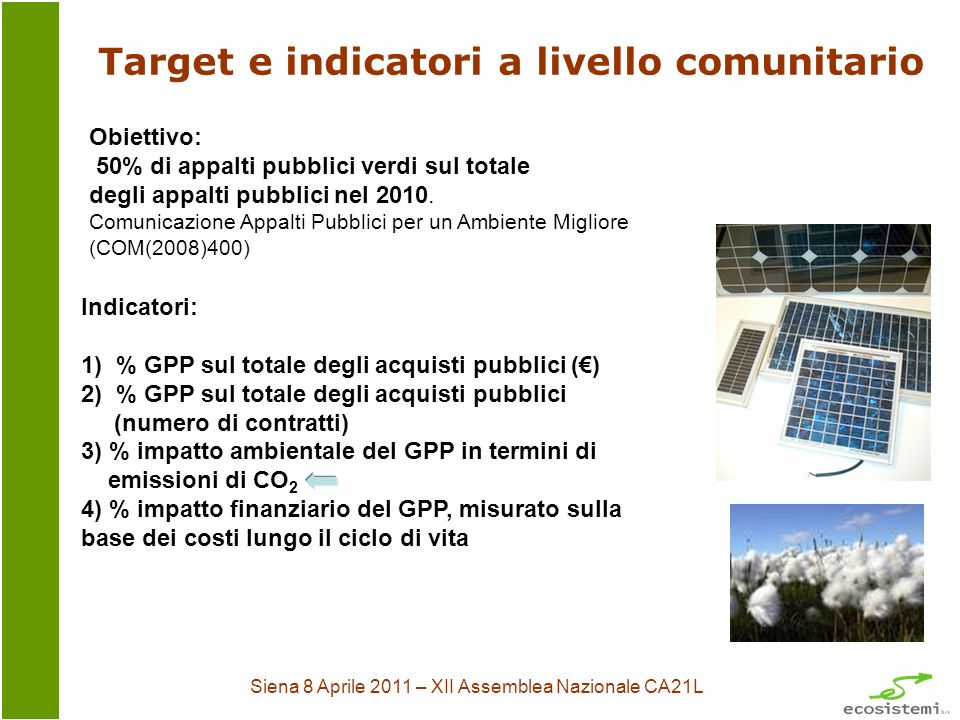Siena 8 Aprile 2011 – XII Assemblea Nazionale CA21L Target e indicatori a livello comunitario Obiettivo: 50% di appalti pubblici verdi sul totale degli appalti pubblici nel 2010.