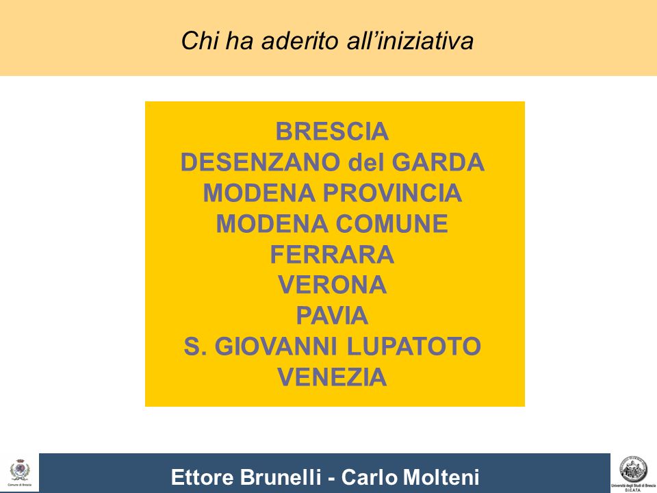 Ettore Brunelli - Carlo Molteni Chi ha aderito alliniziativa BRESCIA DESENZANO del GARDA MODENA PROVINCIA MODENA COMUNE FERRARA VERONA PAVIA S.