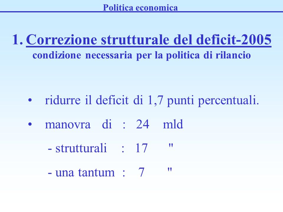 1.Correzione strutturale del deficit-2005 condizione necessaria per la politica di rilancio ridurre il deficit di 1,7 punti percentuali.