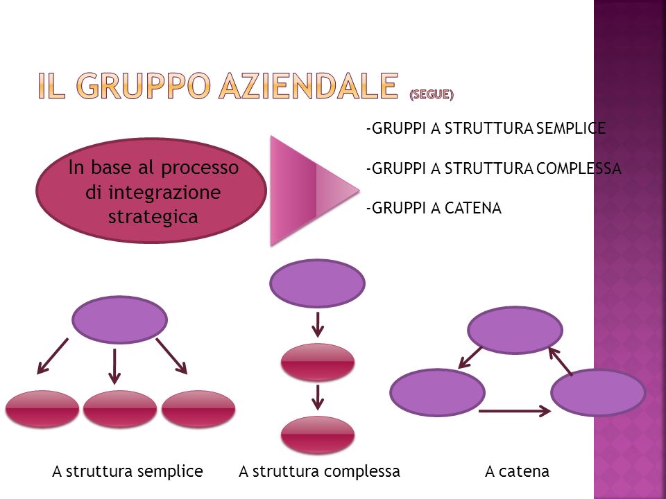 5 In base al processo di integrazione strategica -GRUPPI A STRUTTURA SEMPLICE -GRUPPI A STRUTTURA COMPLESSA -GRUPPI A CATENA A struttura sempliceA struttura complessaA catena