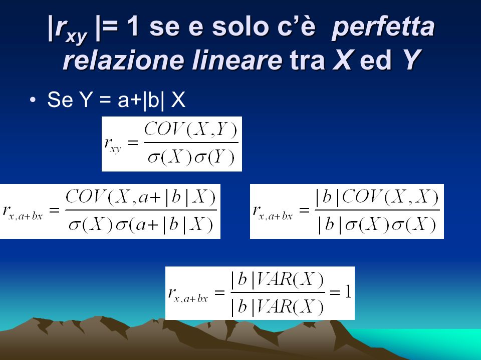 |r xy |= 1 se e solo cè perfetta relazione lineare tra X ed Y Se Y = a+|b| X