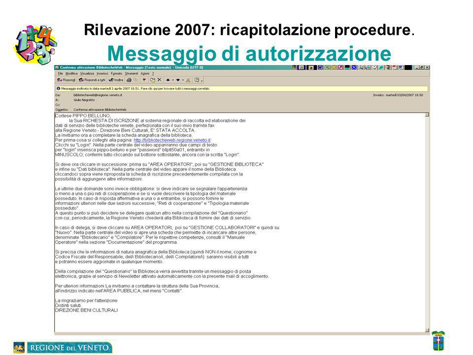 Rilevazione 2007: ricapitolazione procedure. Messaggio di autorizzazione