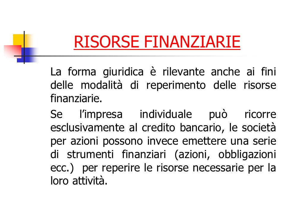 RISORSE FINANZIARIE La forma giuridica è rilevante anche ai fini delle modalità di reperimento delle risorse finanziarie.