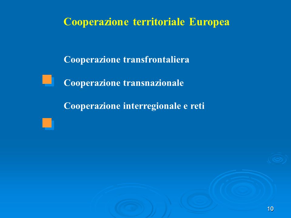 10 Cooperazione territoriale Europea Cooperazione transfrontaliera Cooperazione transnazionale Cooperazione interregionale e reti