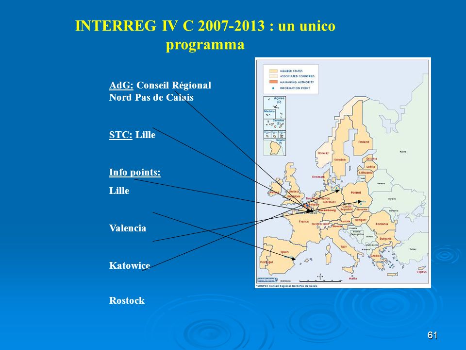 61 INTERREG IV C : un unico programma AdG: Conseil Régional Nord Pas de Calais STC: Lille Info points: Lille Valencia Katowice Rostock