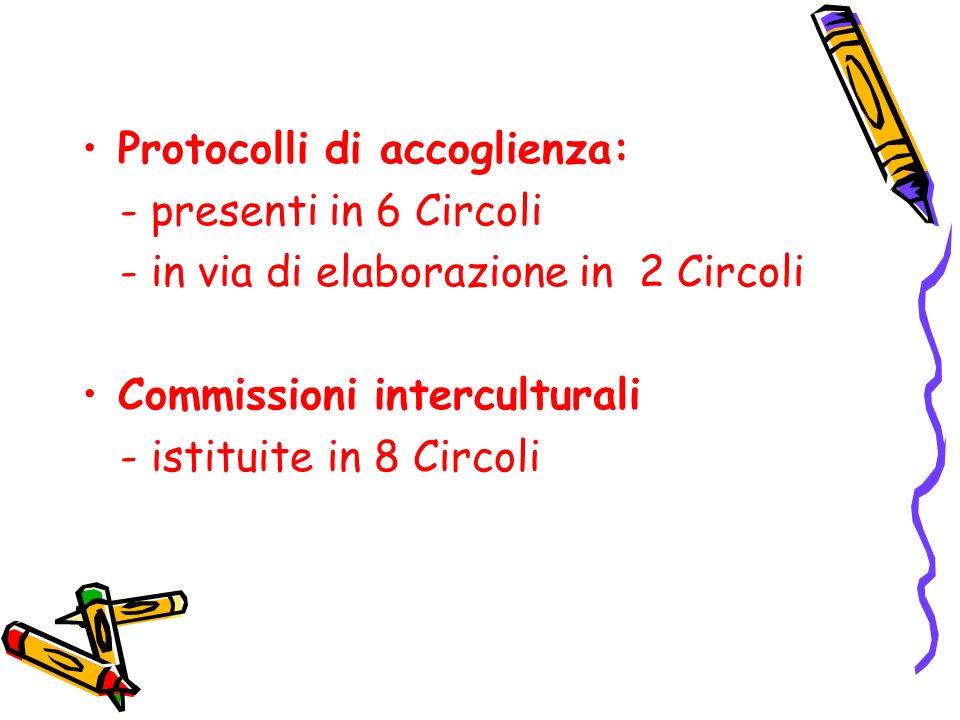 Protocolli di accoglienza: - presenti in 6 Circoli - in via di elaborazione in 2 Circoli Commissioni interculturali - istituite in 8 Circoli
