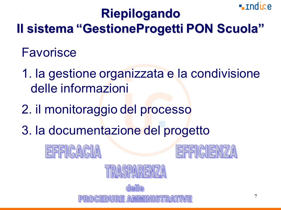 7 Riepilogando Il sistema GestioneProgetti PON Scuola Favorisce 1.