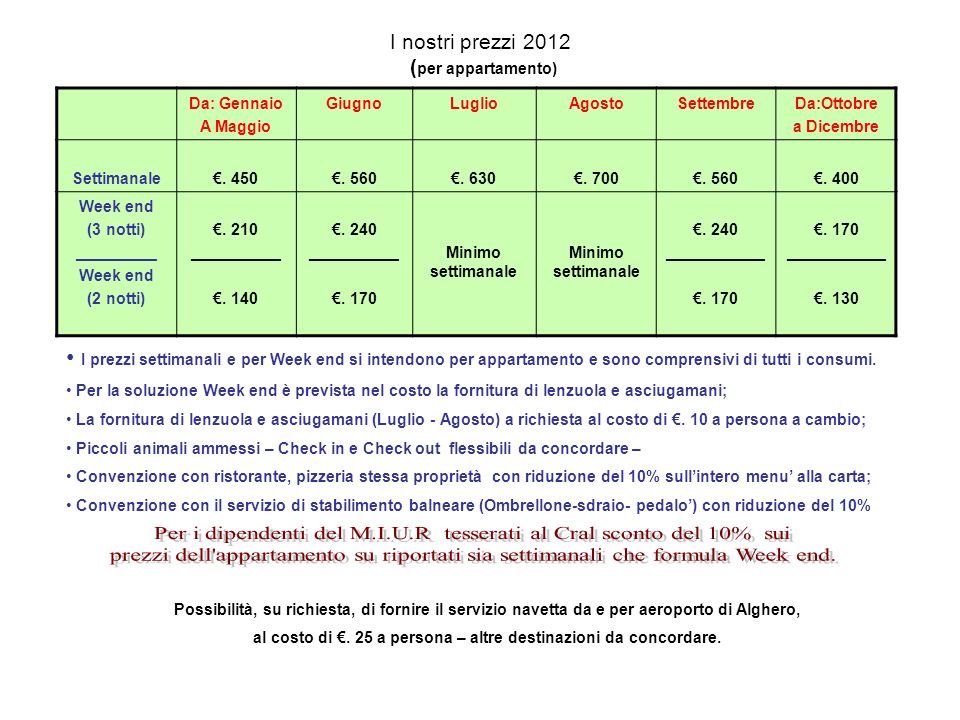 I nostri prezzi 2012 ( per appartamento) Da: Gennaio A Maggio GiugnoLuglioAgostoSettembreDa:Ottobre a Dicembre Settimanale.