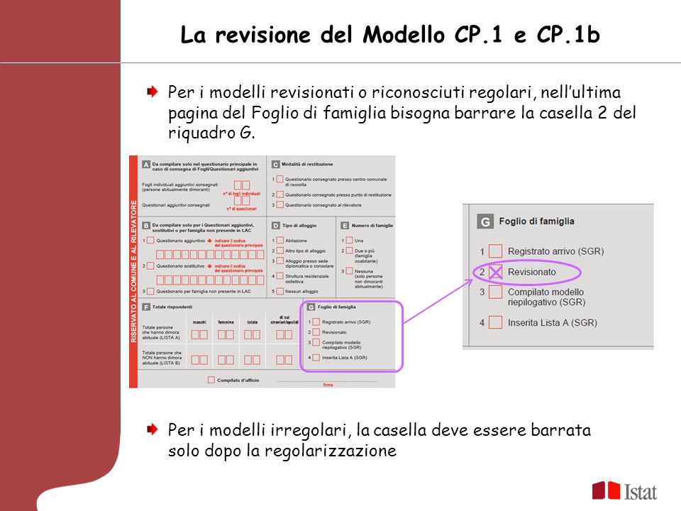 La revisione del Modello CP.1 e CP.1b Per i modelli revisionati o riconosciuti regolari, nellultima pagina del Foglio di famiglia bisogna barrare la casella 2 del riquadro G.