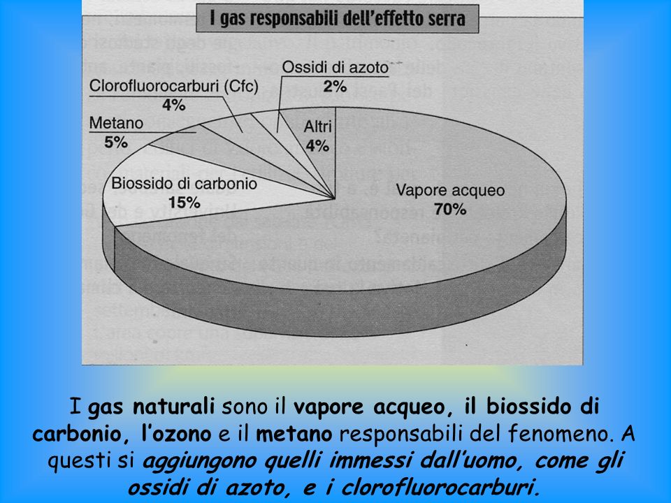 I gas naturali sono il vapore acqueo, il biossido di carbonio, lozono e il metano responsabili del fenomeno.