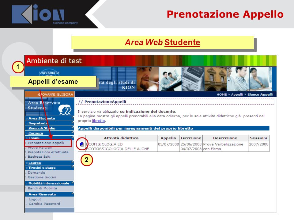 Area Web Studente Appelli desame 1 2 Prenotazione Appello