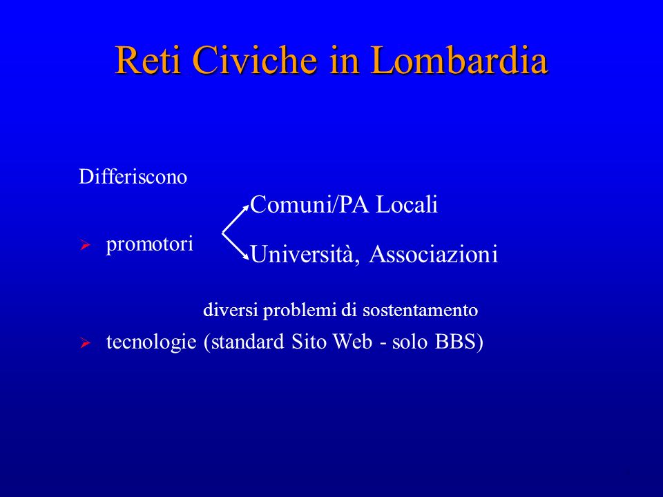 4 Differiscono promotori diversi problemi di sostentamento tecnologie (standard Sito Web - solo BBS) Reti Civiche in Lombardia Comuni/PA Locali Università, Associazioni