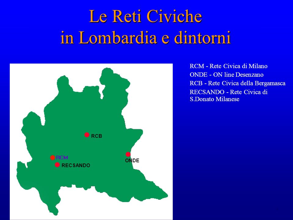 8 Le Reti Civiche in Lombardia e dintorni RCM - Rete Civica di Milano ONDE - ON line Desenzano RCB - Rete Civica della Bergamasca RECSANDO - Rete Civica di S.Donato Milanese ONDE RCB RECSANDO