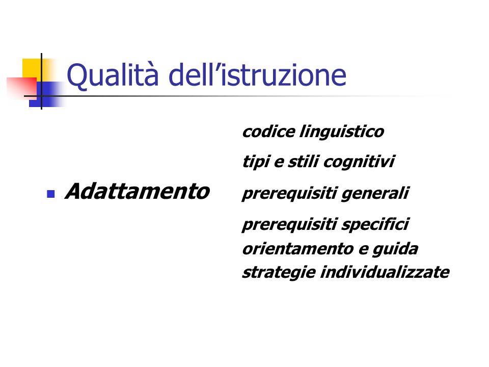 Qualità dellistruzione codice linguistico tipi e stili cognitivi Adattamento prerequisiti generali prerequisiti specifici orientamento e guida strategie individualizzate