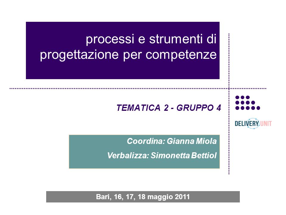 processi e strumenti di progettazione per competenze TEMATICA 2 - GRUPPO 4 Coordina: Gianna Miola Verbalizza: Simonetta Bettiol Bari, 16, 17, 18 maggio 2011