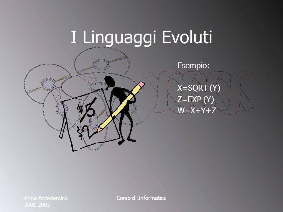 Anno Accademico Corso di Informatica I Linguaggi Evoluti Esempio: X=SQRT (Y) Z=EXP (Y) W=X+Y+Z