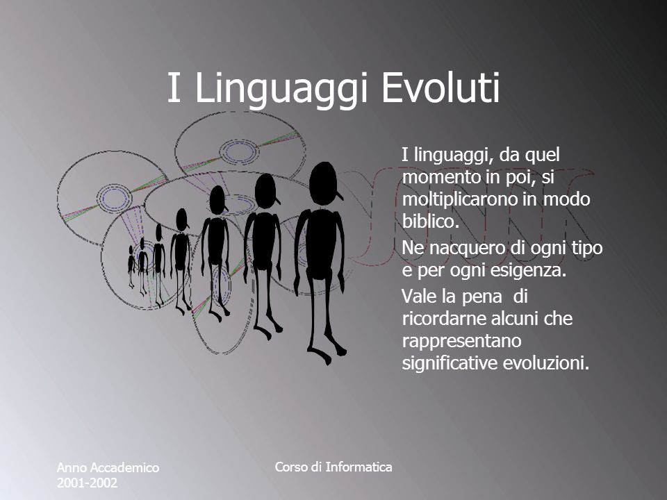 Anno Accademico Corso di Informatica I Linguaggi Evoluti I linguaggi, da quel momento in poi, si moltiplicarono in modo biblico.
