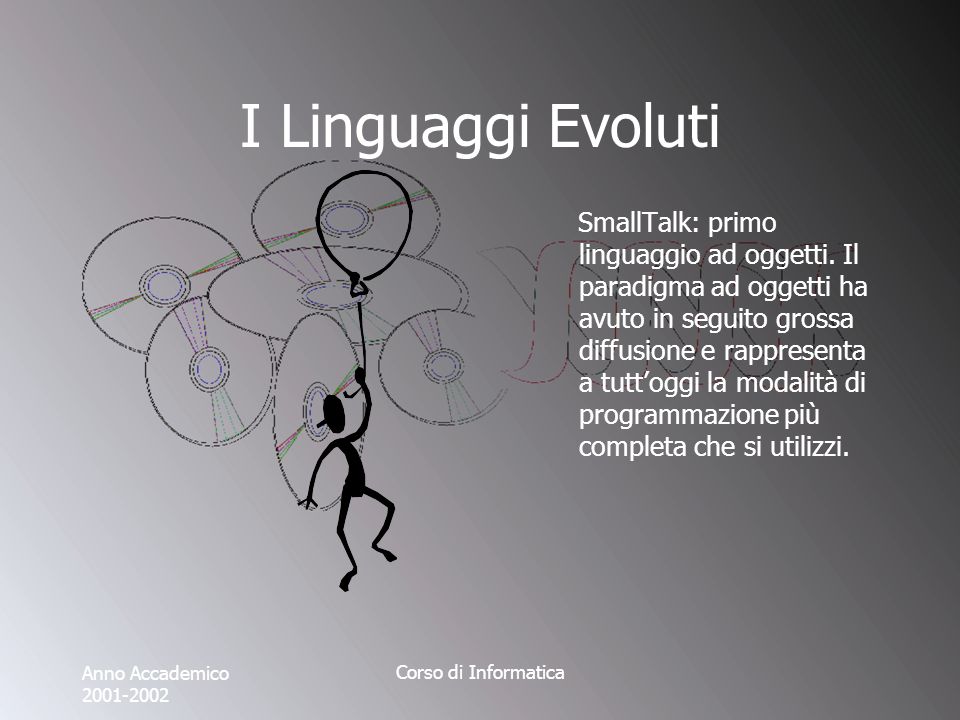 Anno Accademico Corso di Informatica I Linguaggi Evoluti SmallTalk: primo linguaggio ad oggetti.