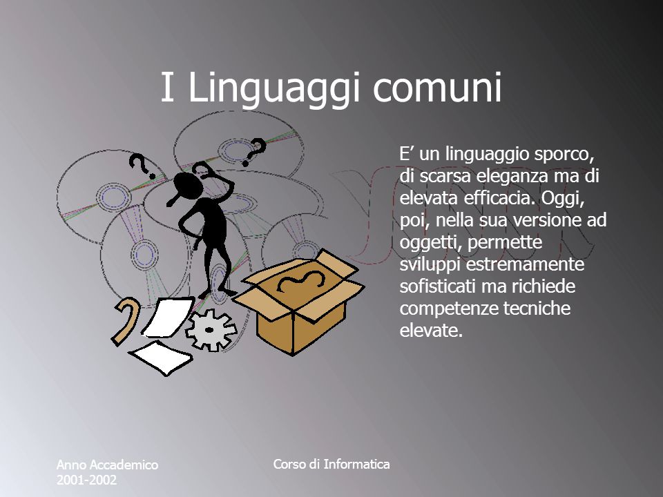 Anno Accademico Corso di Informatica I Linguaggi comuni E un linguaggio sporco, di scarsa eleganza ma di elevata efficacia.