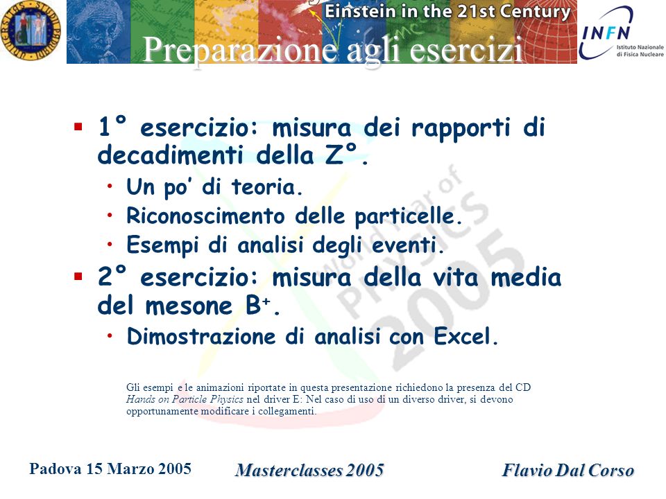 Padova 15 Marzo 2005 Masterclasses 2005Flavio Dal Corso Preparazione agli esercizi 1° esercizio: misura dei rapporti di decadimenti della Z°.