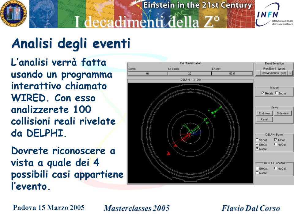 Padova 15 Marzo 2005 Masterclasses 2005Flavio Dal Corso I decadimenti della Z° Analisi degli eventi Lanalisi verrà fatta usando un programma interattivo chiamato WIRED.