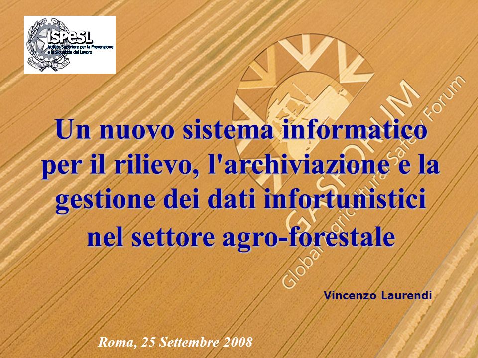 Vincenzo Laurendi Roma, 25 Settembre 2008 Un nuovo sistema informatico per il rilievo, l archiviazione e la gestione dei dati infortunistici nel settore agro-forestale