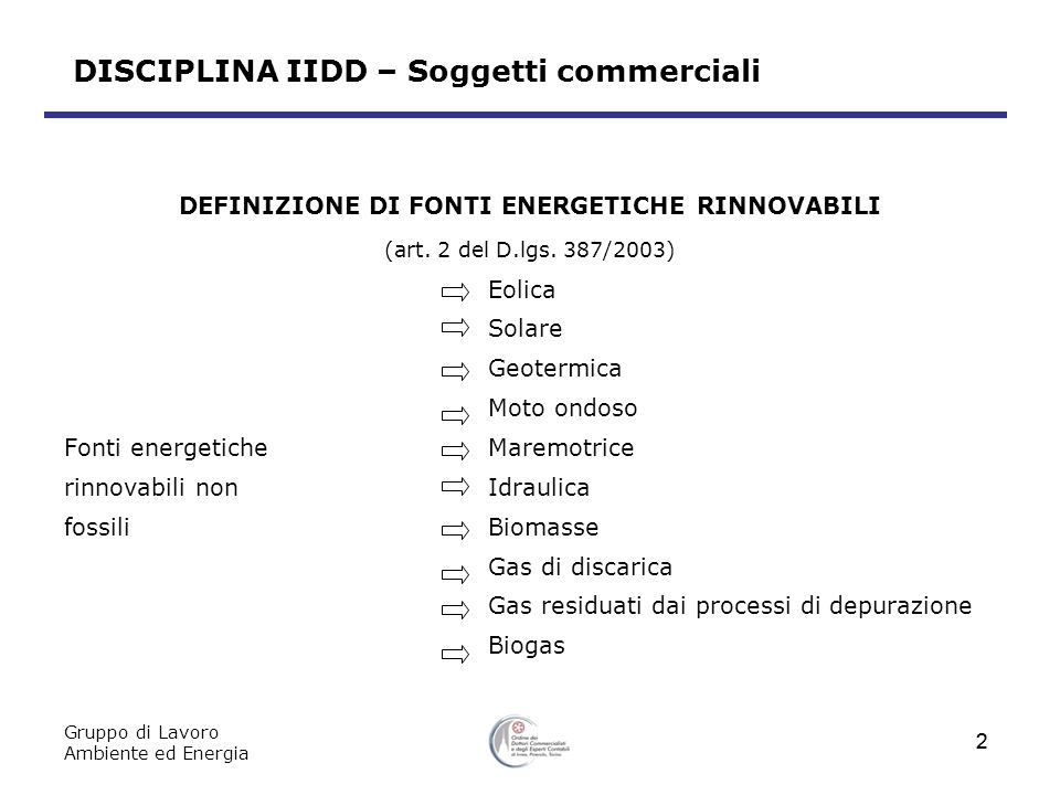 Gruppo di Lavoro Ambiente ed Energia 2 DISCIPLINA IIDD – Soggetti commerciali DEFINIZIONE DI FONTI ENERGETICHE RINNOVABILI (art.