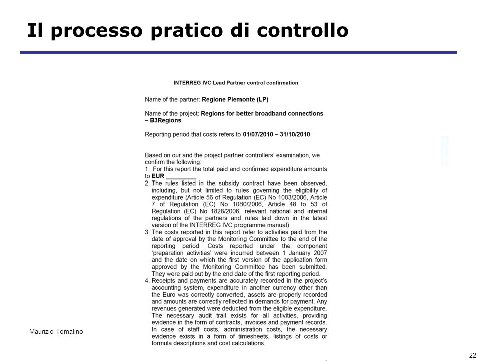 22 Il processo pratico di controllo Maurizio Tomalino
