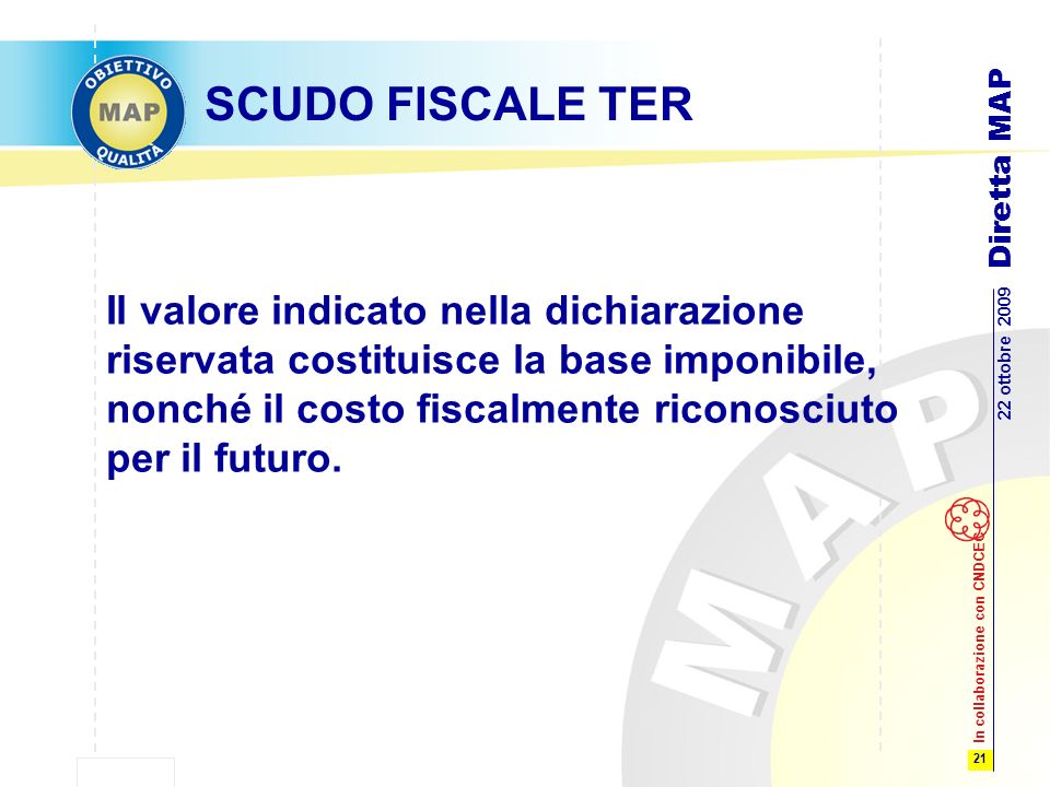 21 22 ottobre 2009 Diretta MAP In collaborazione con CNDCEC SCUDO FISCALE TER Il valore indicato nella dichiarazione riservata costituisce la base imponibile, nonché il costo fiscalmente riconosciuto per il futuro.
