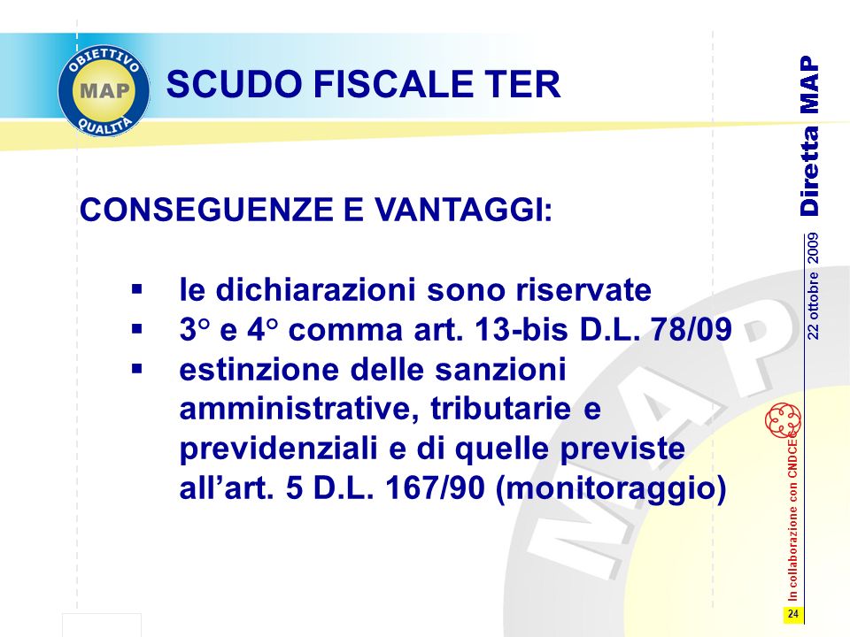 24 22 ottobre 2009 Diretta MAP In collaborazione con CNDCEC SCUDO FISCALE TER CONSEGUENZE E VANTAGGI: le dichiarazioni sono riservate 3° e 4° comma art.