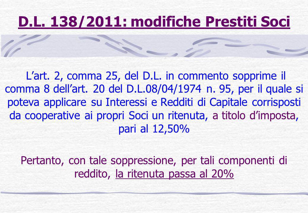 D.L. 138/2011: modifiche Prestiti Soci Lart. 2, comma 25, del D.L.