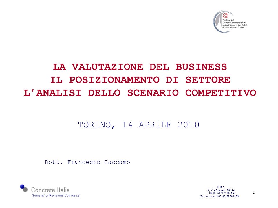 1 LA VALUTAZIONE DEL BUSINESS IL POSIZIONAMENTO DI SETTORE LANALISI DELLO SCENARIO COMPETITIVO TORINO, 14 APRILE 2010 Dott.