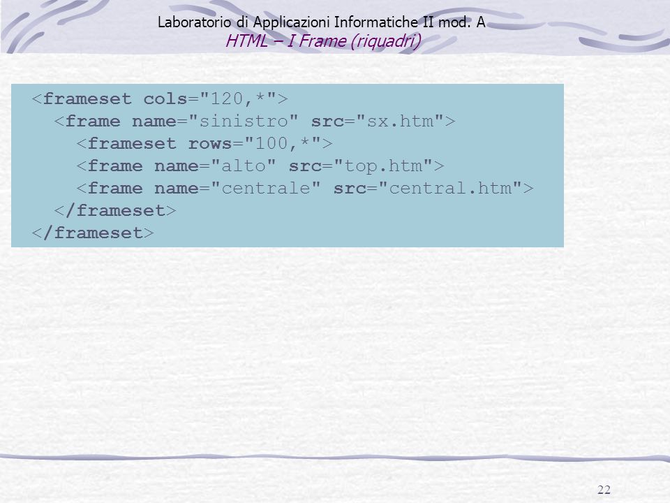 22 Laboratorio di Applicazioni Informatiche II mod. A HTML – I Frame (riquadri)