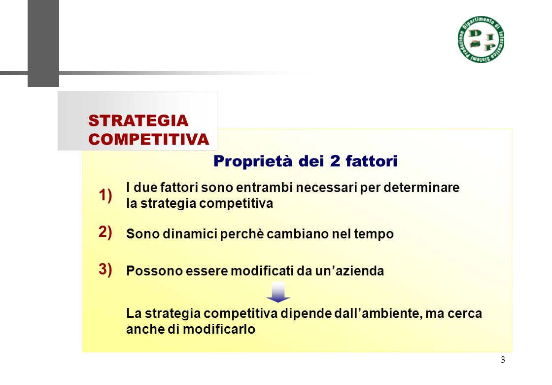 3 Proprietà dei 2 fattori STRATEGIA COMPETITIVA I due fattori sono entrambi necessari per determinare la strategia competitiva Possono essere modificati da unazienda Sono dinamici perchè cambiano nel tempo 1) 2) La strategia competitiva dipende dallambiente, ma cerca anche di modificarlo 3)