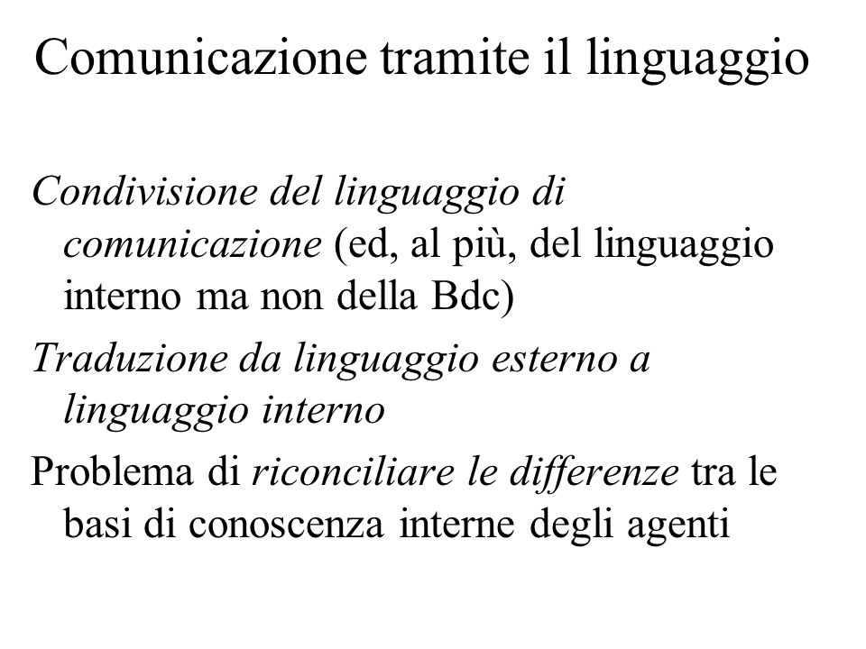 Comunicazione tramite il linguaggio Condivisione del linguaggio di comunicazione (ed, al più, del linguaggio interno ma non della Bdc) Traduzione da linguaggio esterno a linguaggio interno Problema di riconciliare le differenze tra le basi di conoscenza interne degli agenti